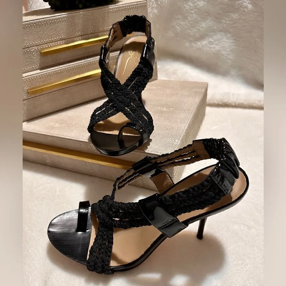 Donald J. Pliner Black Braided Leather Heeled Sandals – Size 8.5M